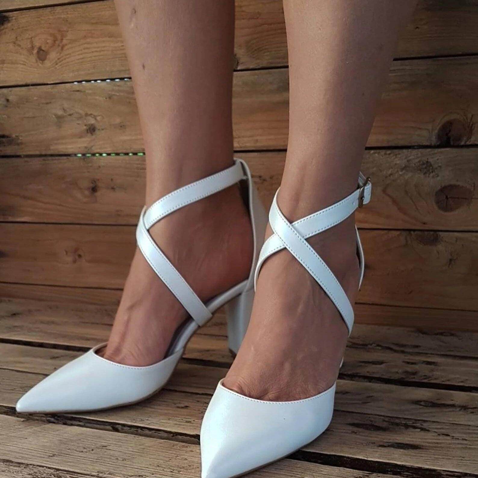 White Cross Pointy Block Heel Sandals 709079195670 - COCOMELODY